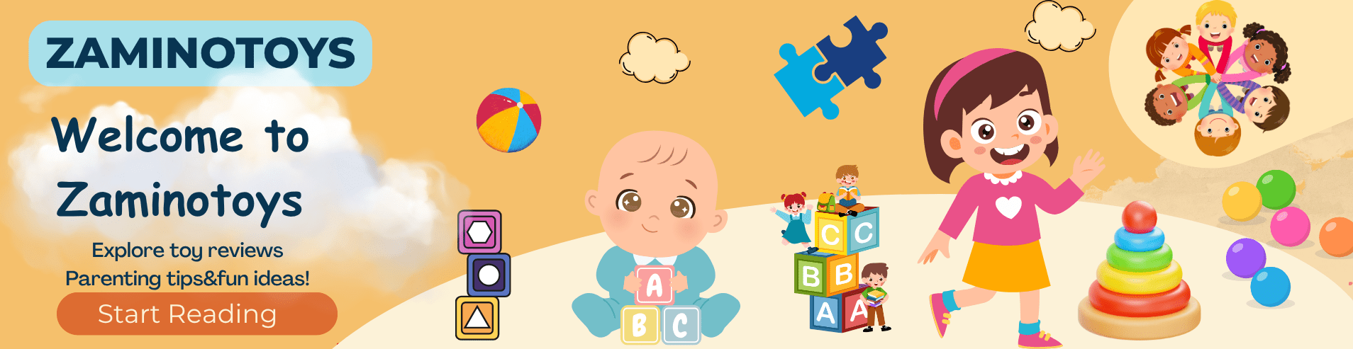 ZaminoToys – Explore Baby Toys, Educational Toys & Smart Parenting Tips Illustrated banner of happy children playing with soft toys, educational blocks, and dolls with “Welcome to ZaminoToys” text — a blog for baby toys, parenting tips, and toy reviews